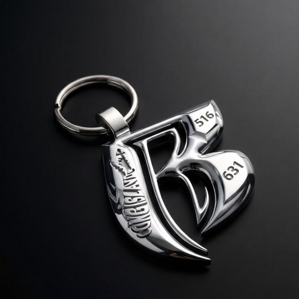 Chrome keychain shaped like the B logo